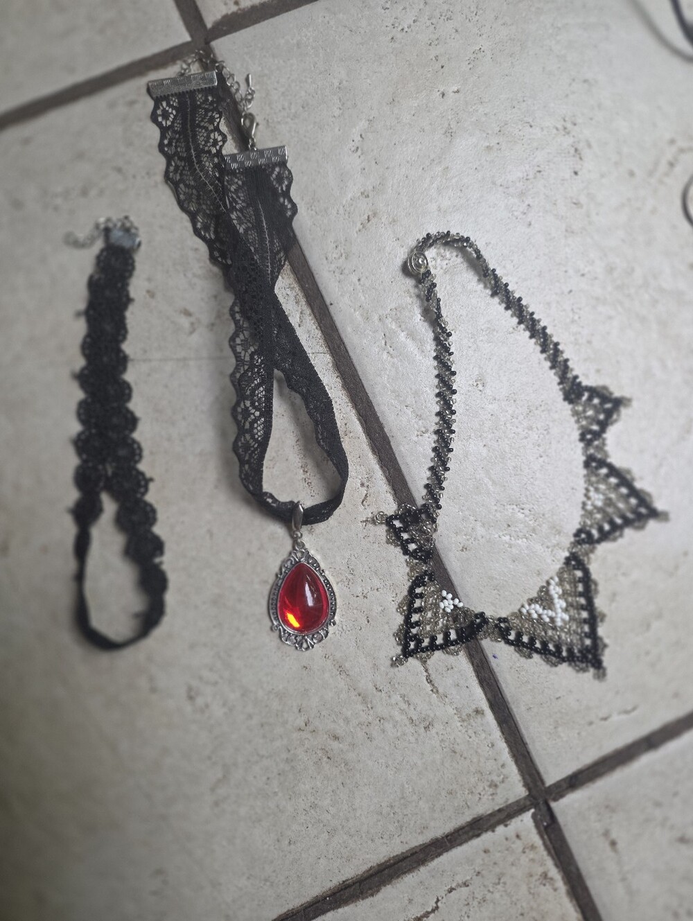 Black Choker Necklace Lot, One With Faux Amber Pendant, One Beaded